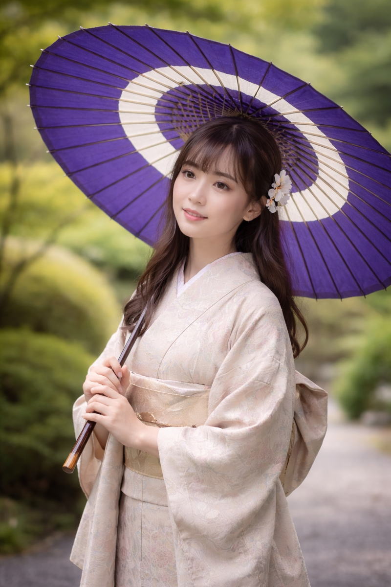 蛇の目傘をさす女性の風景