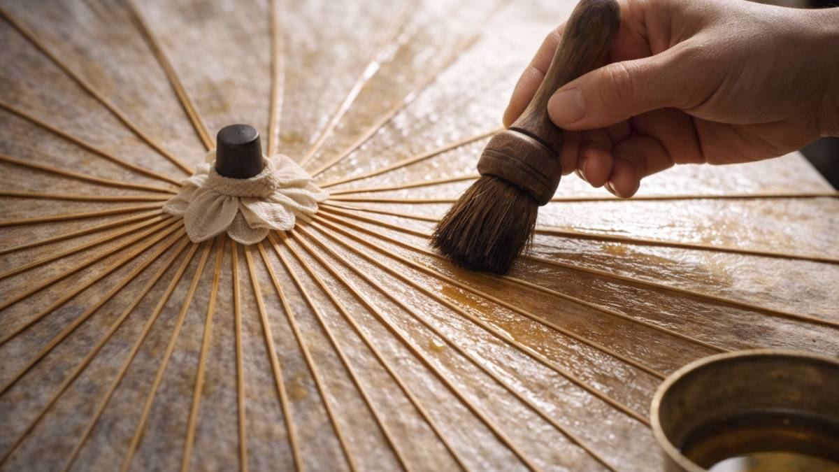 和傘に油を塗る工程