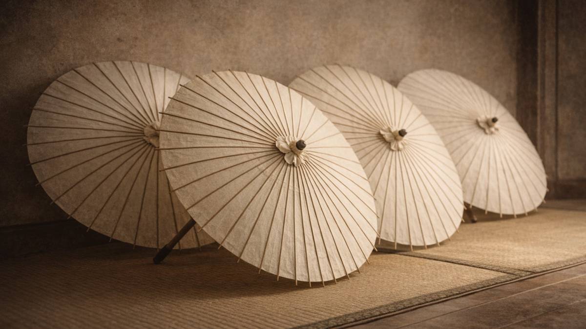 白張りの和傘が並ぶ